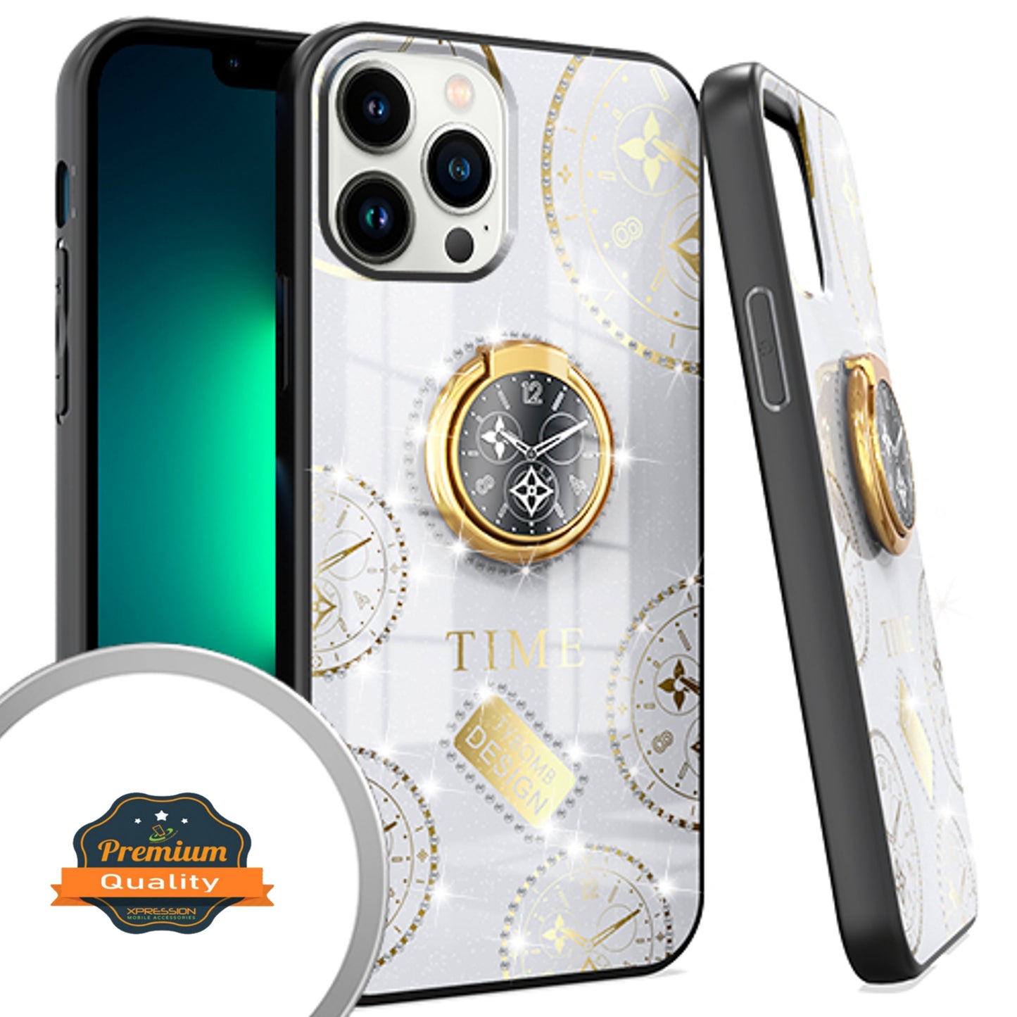 For Apple iPhone 14 (6.1") Elegant Rhinestone 3D Diamond Bling Glitter with Ring Stand Kickstand Plating Hard  Phone Case Cover