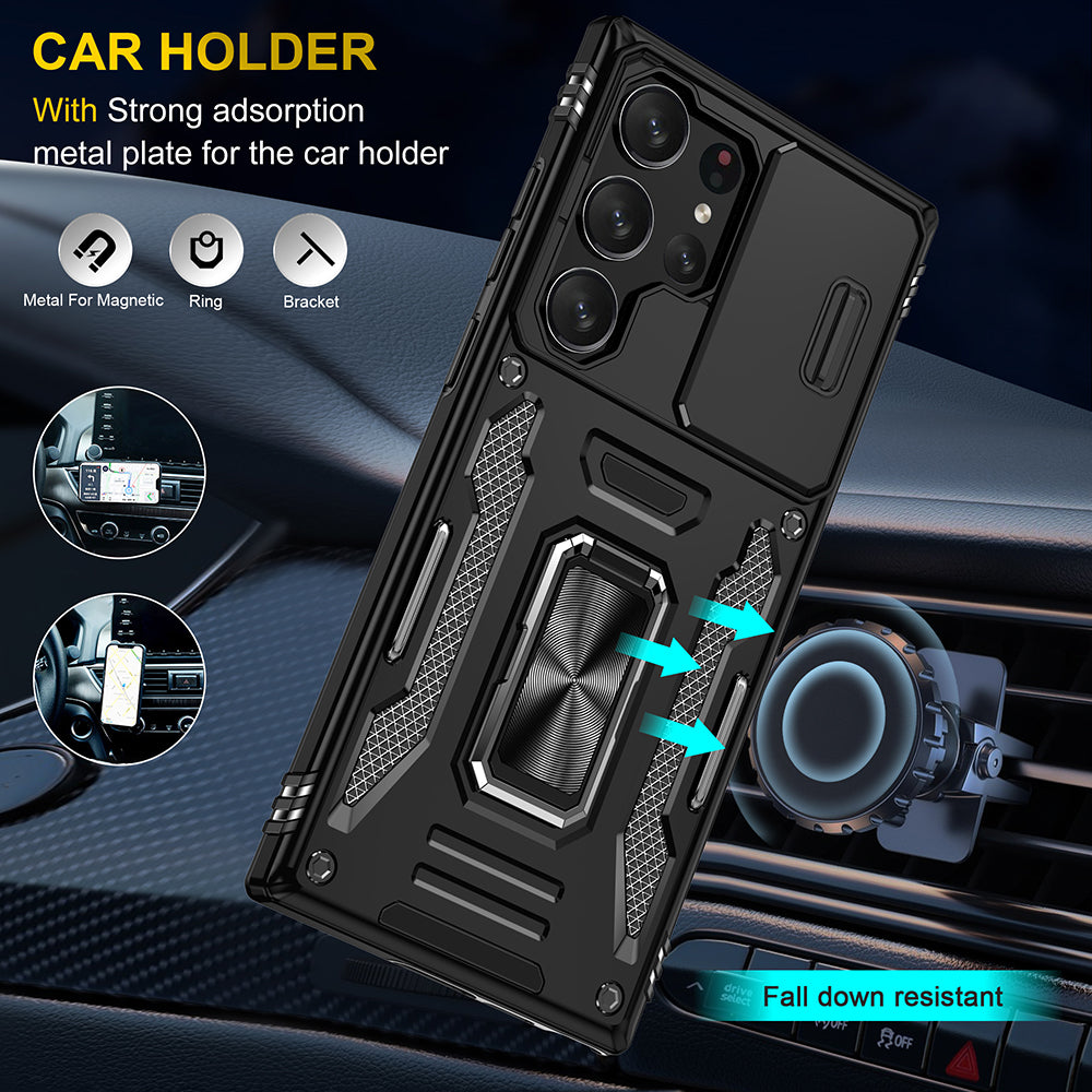 For Samsung Galaxy S23 /Plus /Ultra Hybrid Slide Camera Protection & Built-in 360° Rotate Ring Stand, Heavy Duty Military Grade  Phone Case Cover
