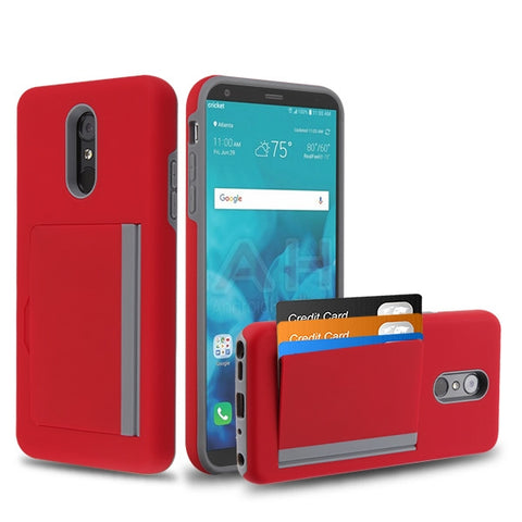 For LG Stylo 4 / Stylo 4 Plus Credit Card Wallet Back Storage Invisible Pocket Dual Layer Hard PC TPU Hybrid Protective Red Phone Case Cover