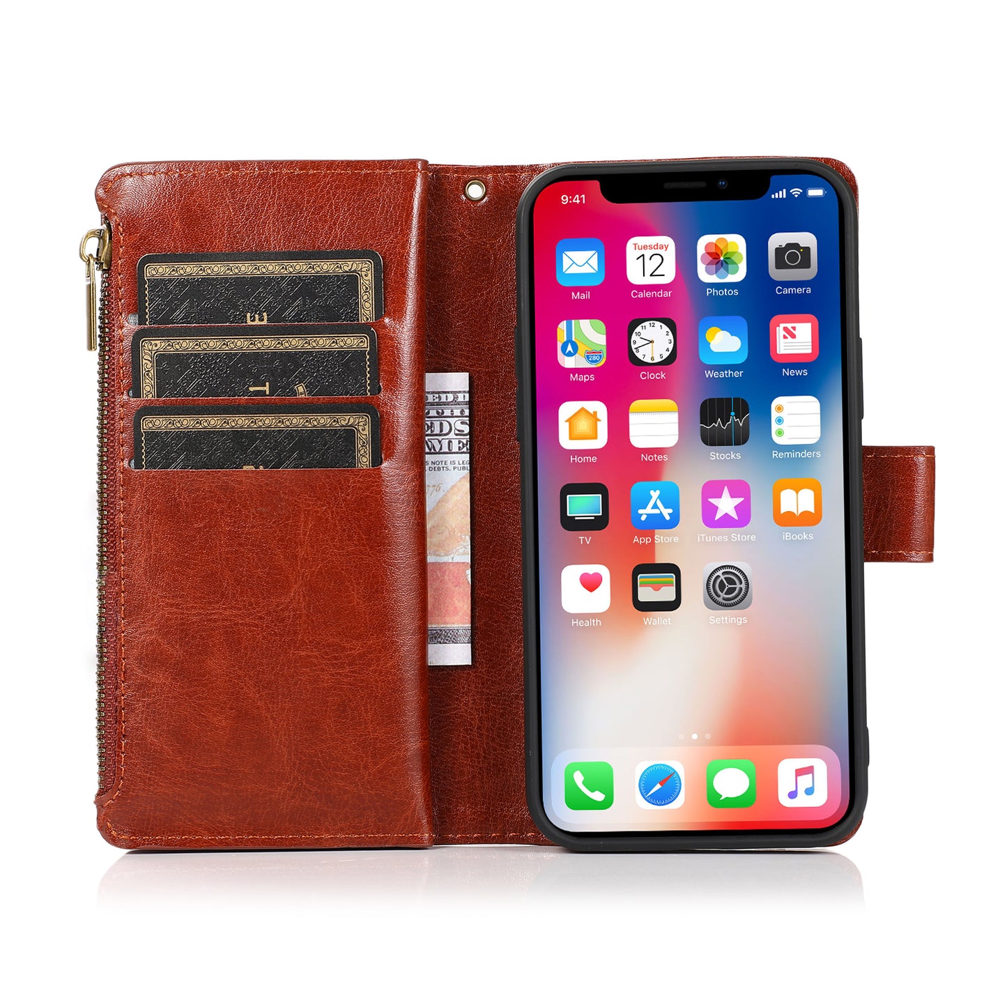 For Nokia C100 Luxury Leather Zipper Wallet Case 9 Credit Card Slots Cash Money Pocket Clutch Pouch with Stand & Strap Brown Phone Case Cover