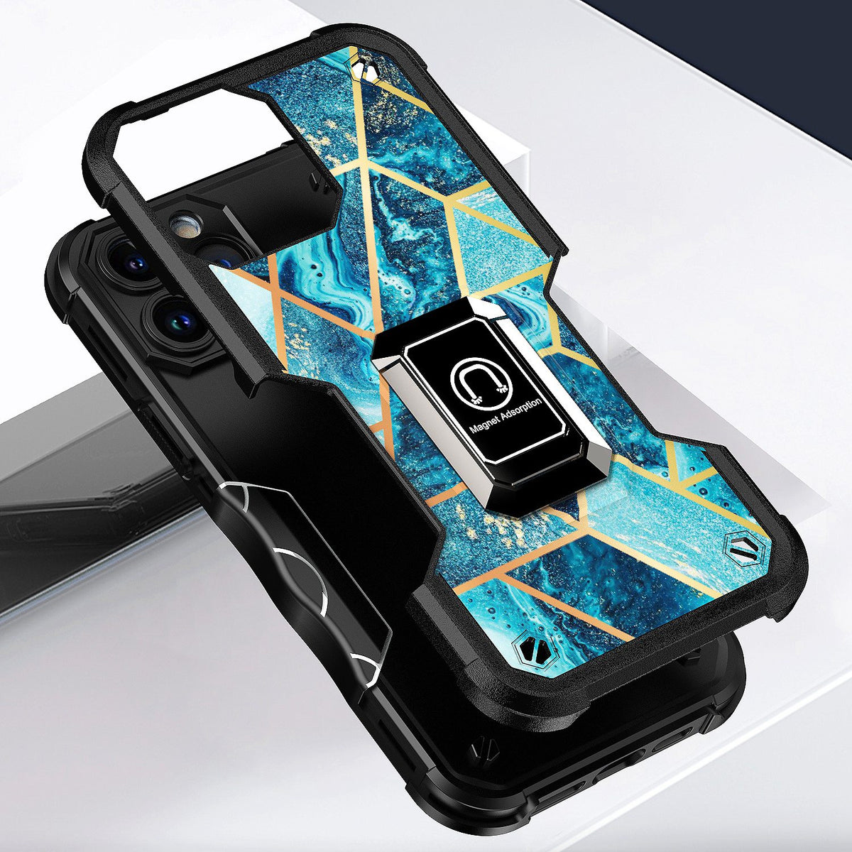 For iPhone 14 Pro (6.1") Marble IMD Stone Design Hybrid Armor Magnetic Ring Stand Kickstand Heavy Duty Rugged  Phone Case Cover