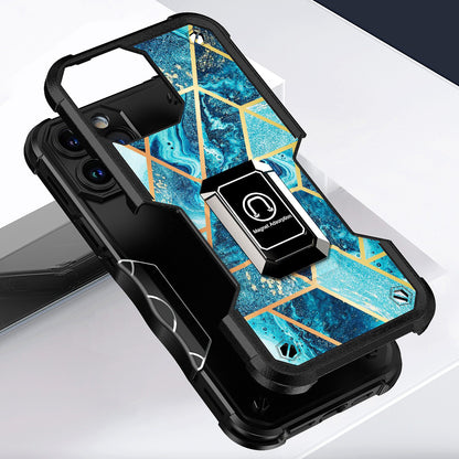 For iPhone 14 Pro (6.1") Marble IMD Stone Design Hybrid Armor Magnetic Ring Stand Kickstand Heavy Duty Rugged  Phone Case Cover