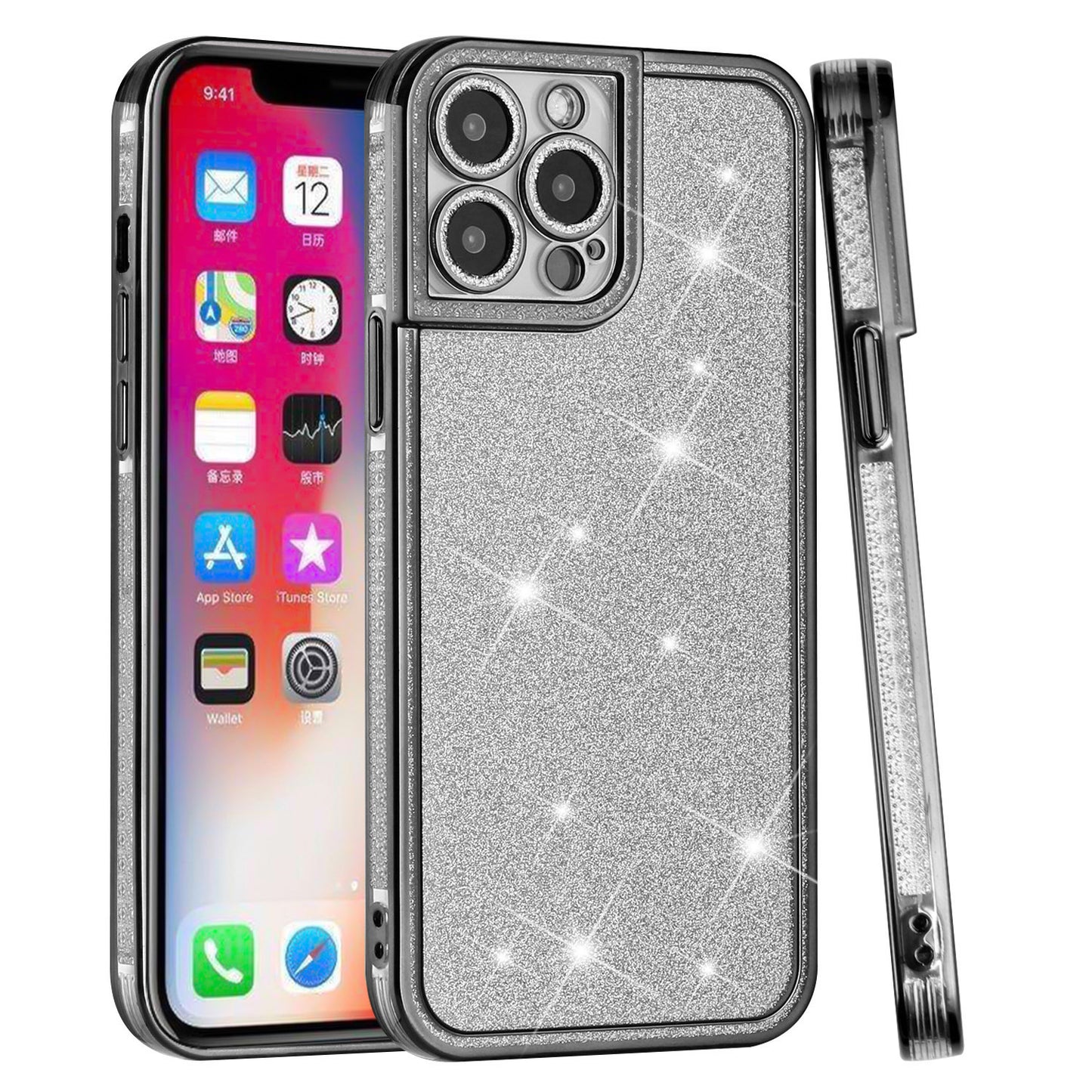 For Apple iPhone 13 Pro Max Luxury Chromed Edge Glitter Star Bling Thick TPU Shiny Bling Protective Frame  Phone Case Cover