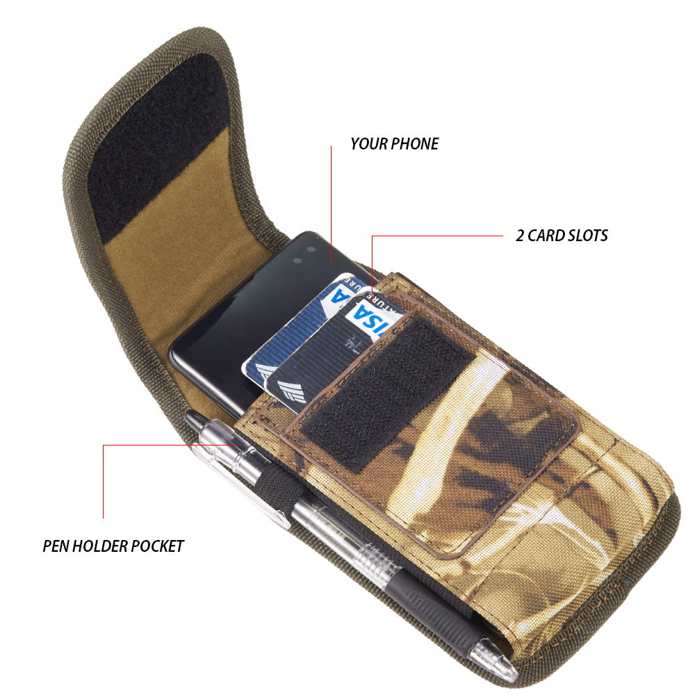 Universal Vertical Nylon Cell Phone Holster Case with Dual Credit Card Slots, Belt Clip Pouch and Belt Loop for Apple iPhone Samsung Galaxy LG Moto All Mobile phones Size 6.3" Universal Nylon [Camo Print]