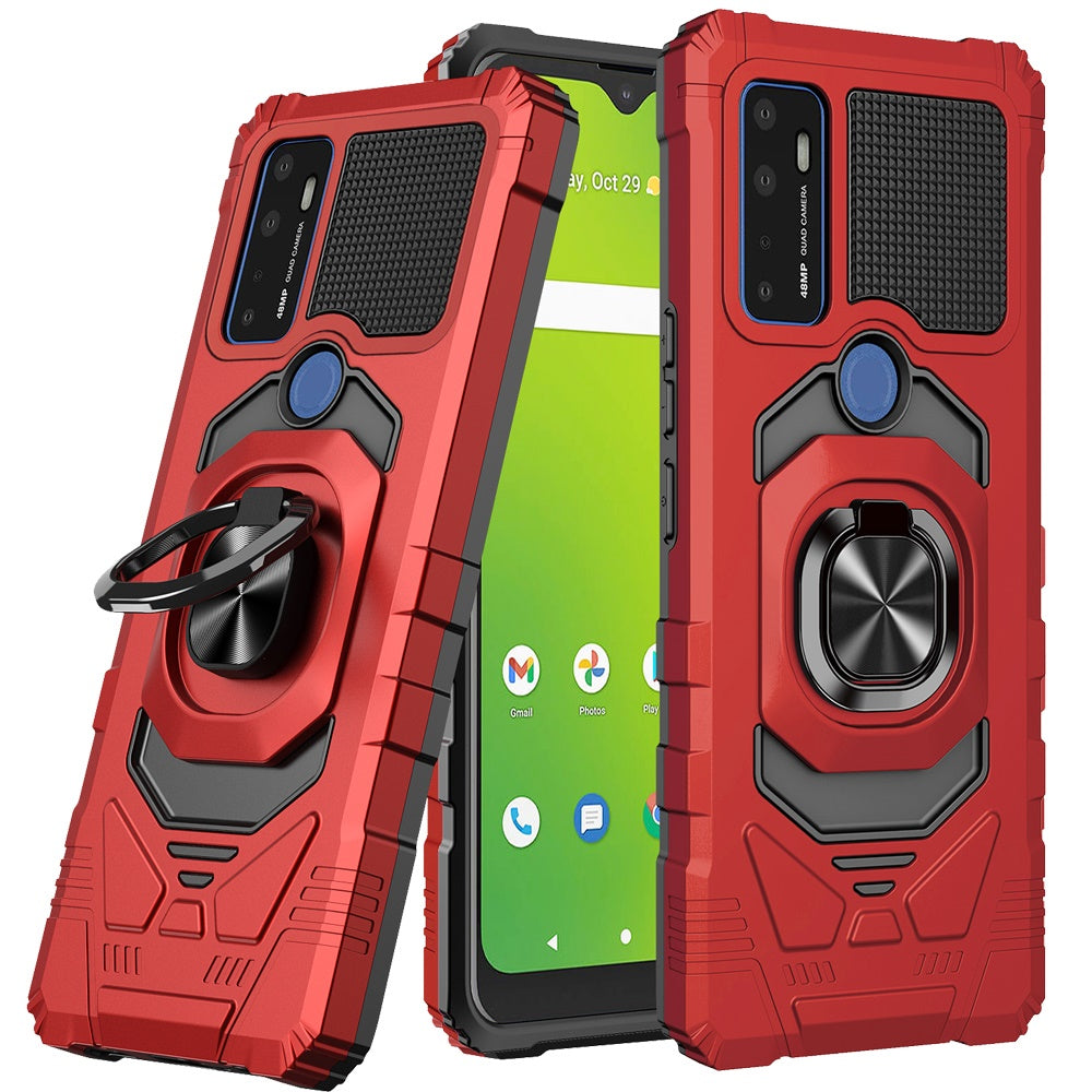 For Cricket Dream 5G Hybrid Dual Layer with Rotate Magnetic Ring Stand Holder Kickstand, Rugged Shockproof Anti-Scratch Red Phone Case Cover