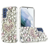 For Samsung Galaxy S22 Bling Clear Crystal 3D Full Diamonds Luxury Sparkle Rhinestone Hybrid TPU Protective Pink Pearl Heart Phone Case Cover