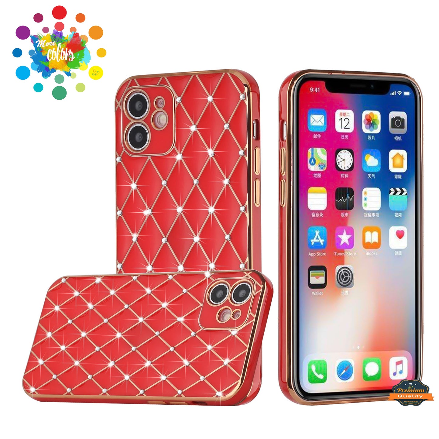 For Apple iPhone 14 Pro Max (6.7") Luxury Diamonds on Electroplated Grid Design Rhinestone Protective TPU Hard  Phone Case Cover