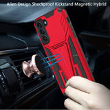 For Samsung Galaxy S22 Hybrid Armor Rugged with Kickstand, Supports Magnetic Car Mount Dual Layer Hard PC Protective Red Phone Case Cover