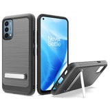 For OnePlus Nord N200 5G Brushed Hybrid Shock-Absorption Armor Edged Carbon Fiber with Metal Kickstand Rugged Texture  Phone Case Cover