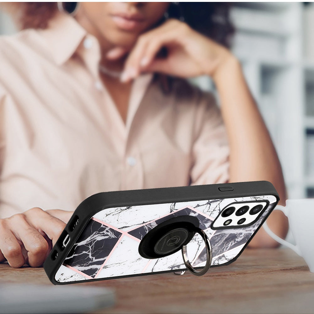 For Motorola Moto G 5G 2022 Marble Design with Magnetic Ring Kickstand Holder Hybrid TPU Hard PC Shockproof Armor Classy Black Phone Case Cover