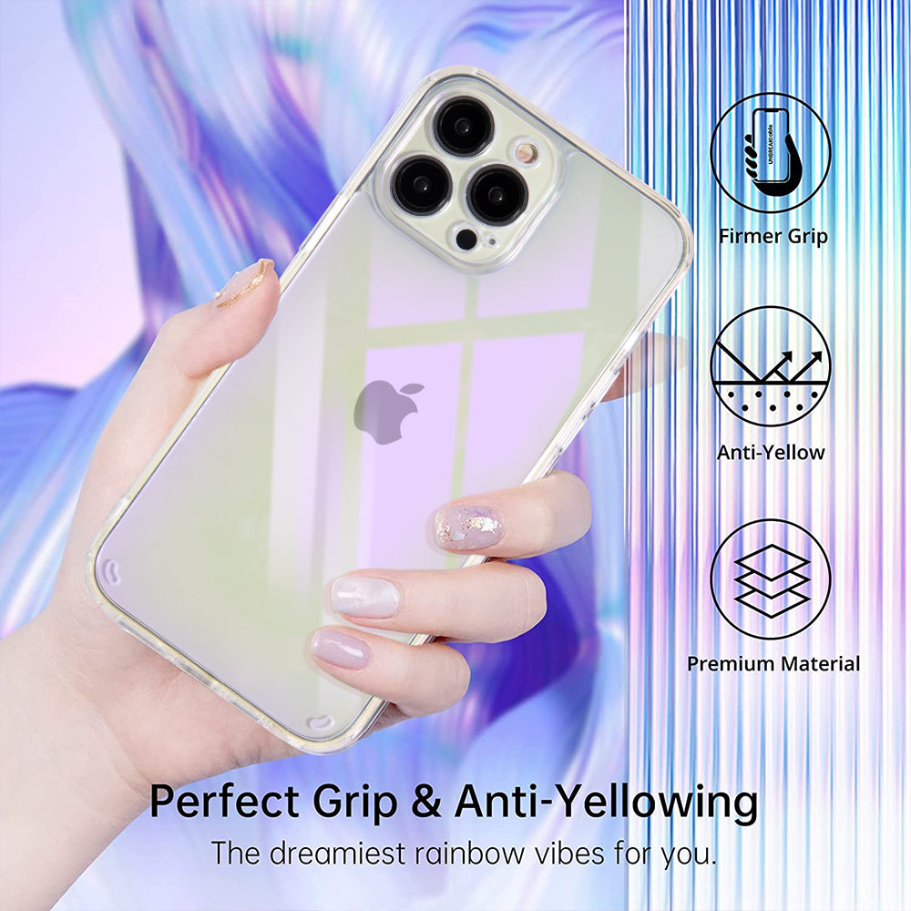 For Apple iPhone 13 Pro Max (6.7") Holographic Color Changing Transparent Clear Iridescent Design Acrylic Gummy Hybrid Purple Iridescent Phone Case Cover