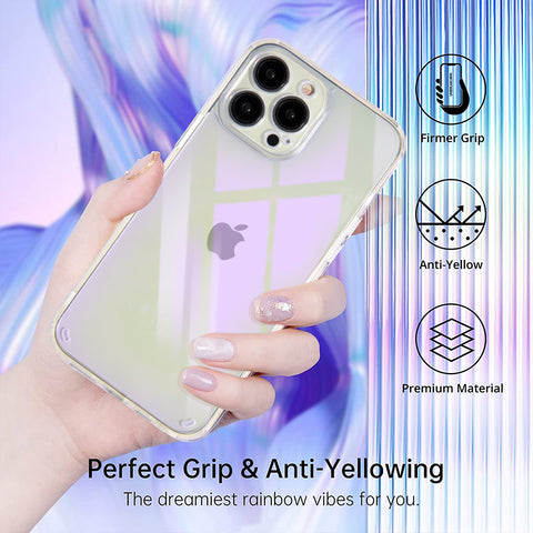 For Apple iPhone 13 Pro Max (6.7") Holographic Color Changing Transparent Clear Iridescent Design Acrylic Gummy Hybrid Purple Iridescent Phone Case Cover