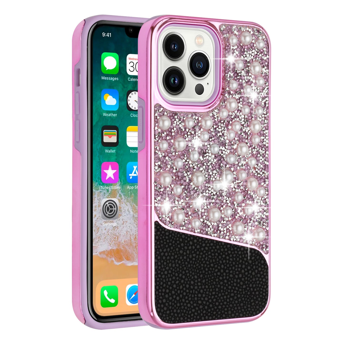For Apple iPhone 14 (6.1") Bling Pearl Diamonds Design Glitter Hybrid Thick Hard TPU Shiny Protective Rubber Frame  Phone Case Cover