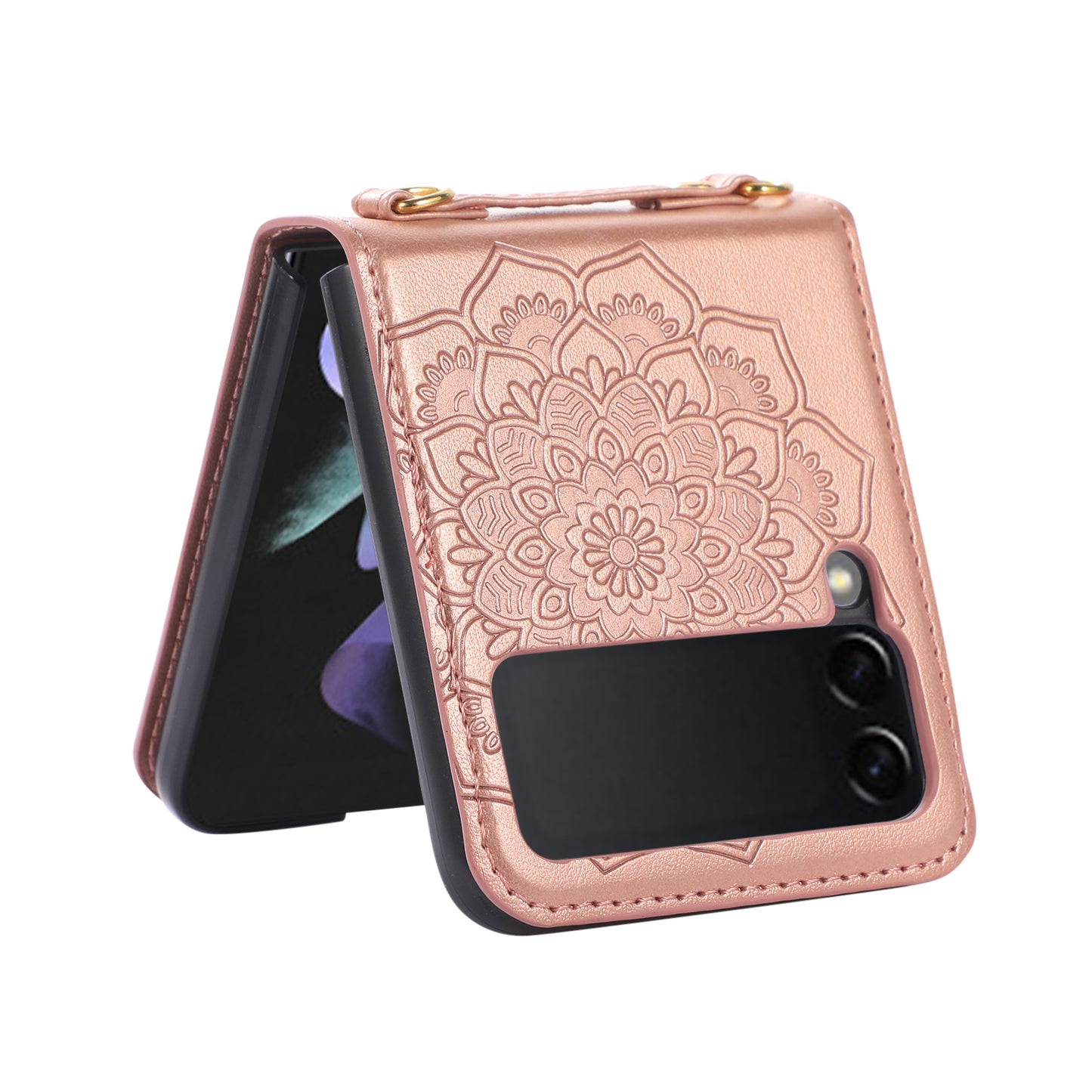For Samsung Galaxy Z Flip 4 5G Embossed Floral Henna Mandala Design PU Leather with Strap Lanyard Hybrid Protective  Phone Case Cover