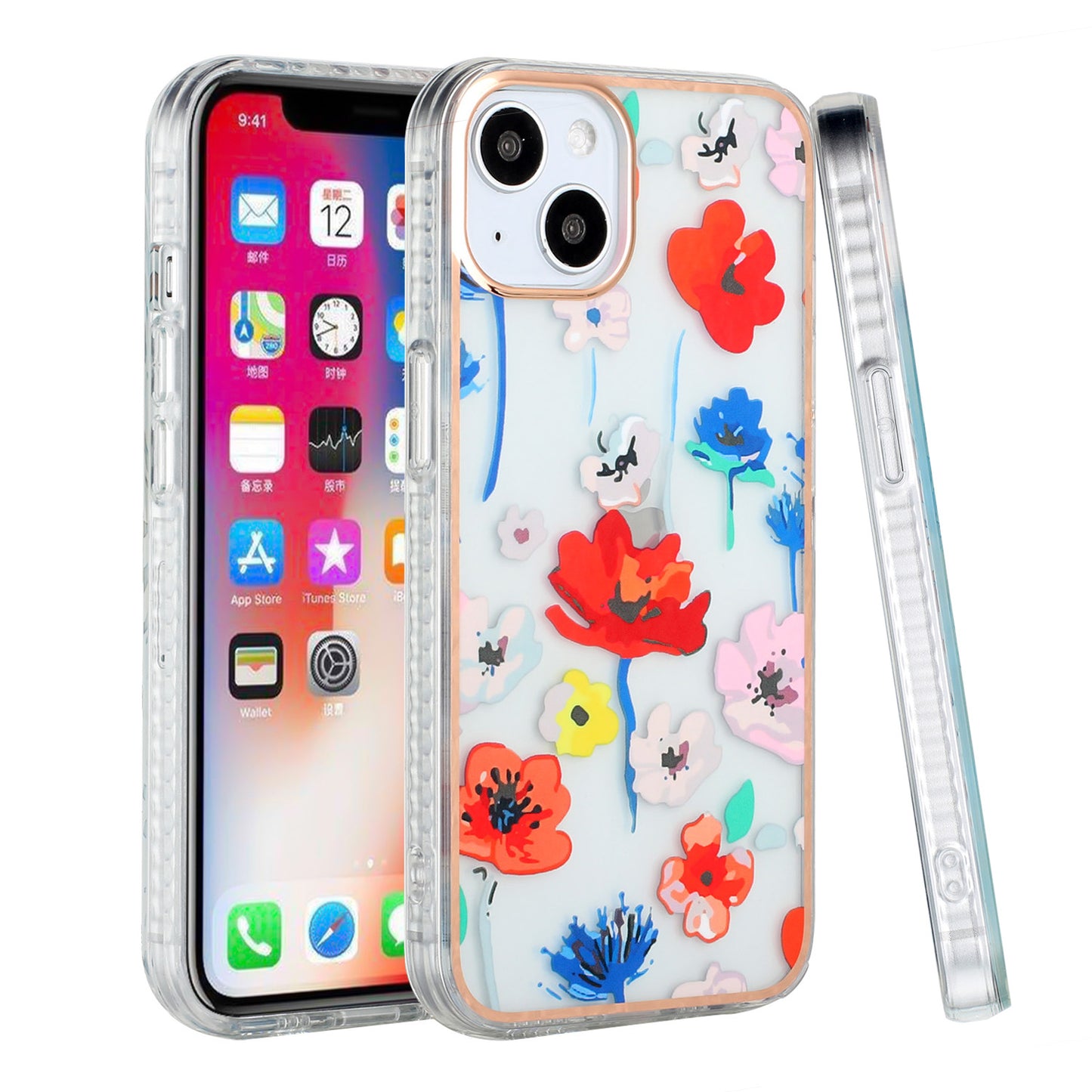 For Apple iPhone 13 (6.1") Stylish Design Floral IMD Hybrid Rubber TPU Hard PC Shockproof Armor Rugged Slim Fit  Phone Case Cover