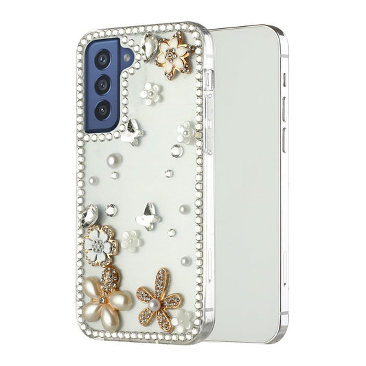 For Samsung Galaxy S21 Luxury Bling Clear Crystal 3D Full Diamonds Luxury Sparkle Rhinestone Hybrid Protective White Flower Butterfly Phone Case Cover