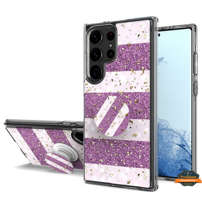 For Samsung Galaxy S23 /Plus /Ultra Elegant Pattern Design Bling Glitter Hybrid with Ring Stand Pop Up Finger Holder Kickstand  Phone Case Cover
