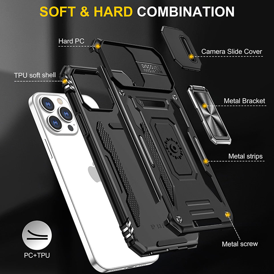 For Apple iPhone 14 /Plus Pro Max Kickstand & Slide Camera Lens Protection + 360° Rotate Ring Stand, Hybrid Shockproof  Phone Case Cover