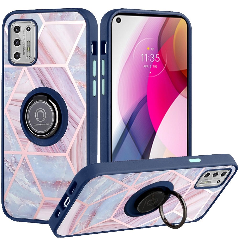 For Motorola Moto G 5G 2022 Marble Design with Magnetic Ring Kickstand Holder Hybrid TPU Hard PC Shockproof Armor Blue Pink Phone Case Cover