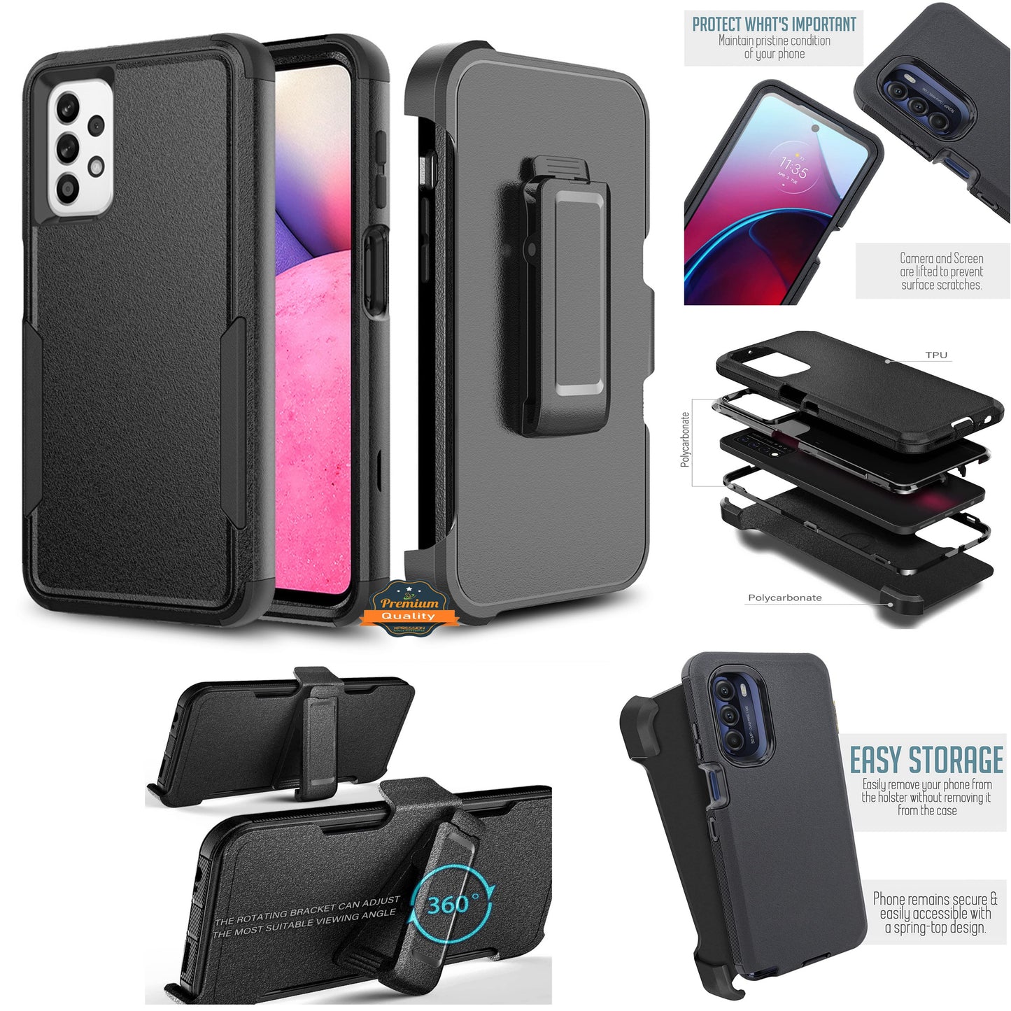 For Samsung Galaxy A54 5G Heavy Duty Rugged Shockproof Protection Hybrid Kickstand with Swivel Belt Clip Holster Black Phone Case Cover