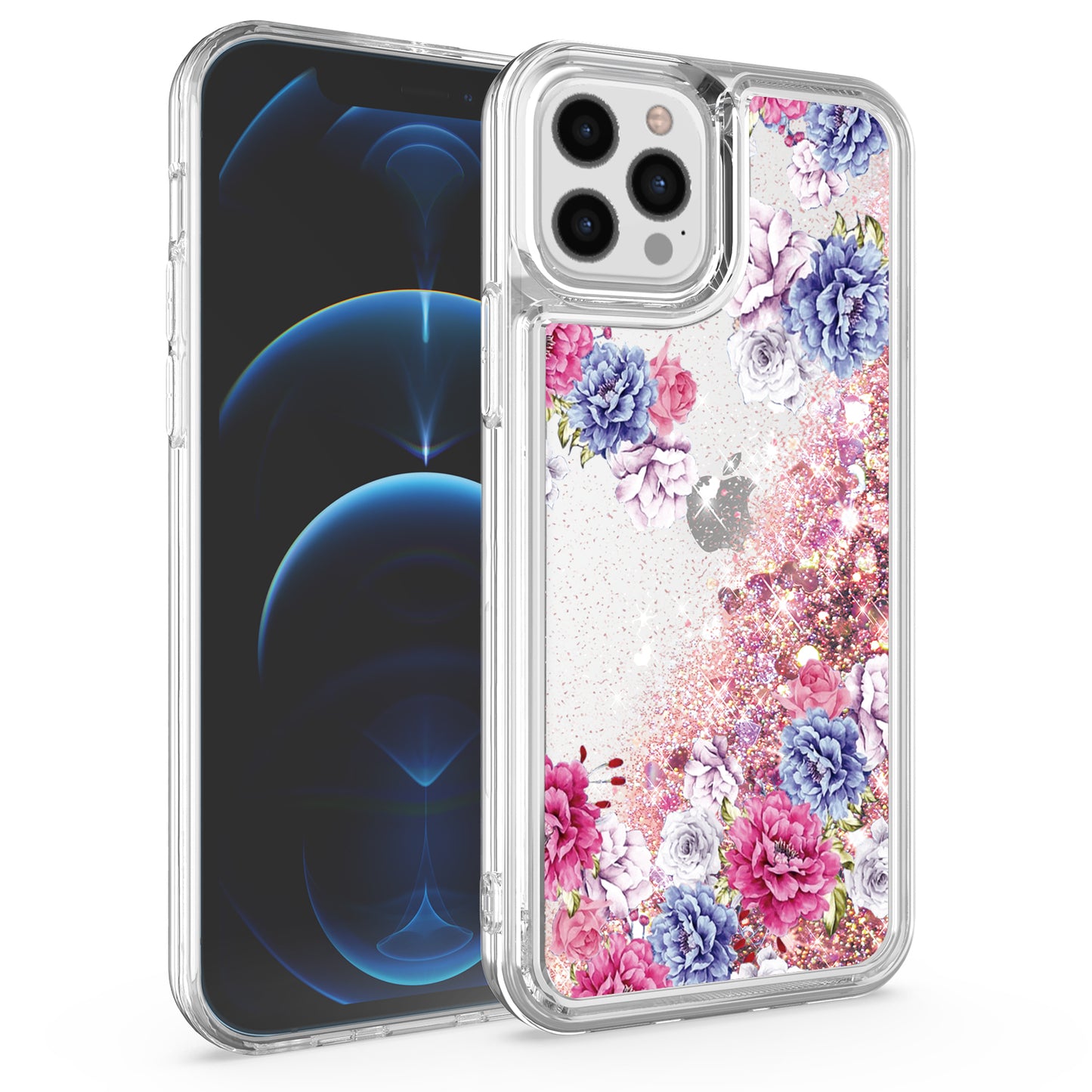 For Apple iPhone 14 Pro (6.1") Floral Design Quicksand Water Flowing Liquid Floating Sparkle Colorful Hybrid  Phone Case Cover