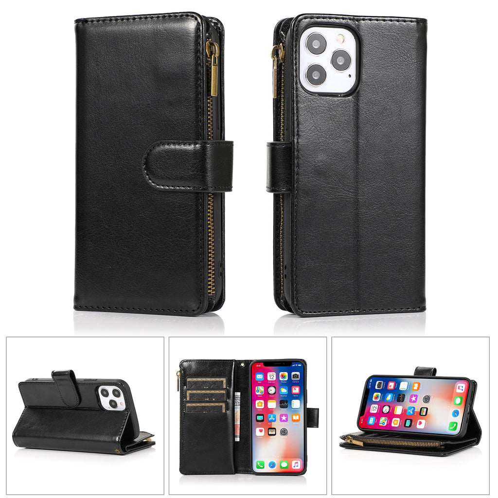 For T-Mobile Revvl 6 Pro 5G Luxury Leather Zipper Wallet 9 Credit Card Slots Cash Money Pocket Clutch Pouch with Stand Black Phone Case Cover