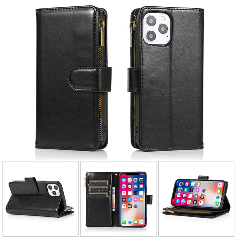 For Samsung Galaxy S10+ Plus Leather Zipper Wallet Case 9 Credit Card Slots Cash Money Pocket Clutch Pouch with Stand Black Phone Case Cover