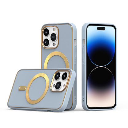 For Apple iPhone 14 Pro Max (6.7") Ultimate PU Leather Hybrid with MagSafe Compatible Bumper Gold Frame Protection  Phone Case Cover