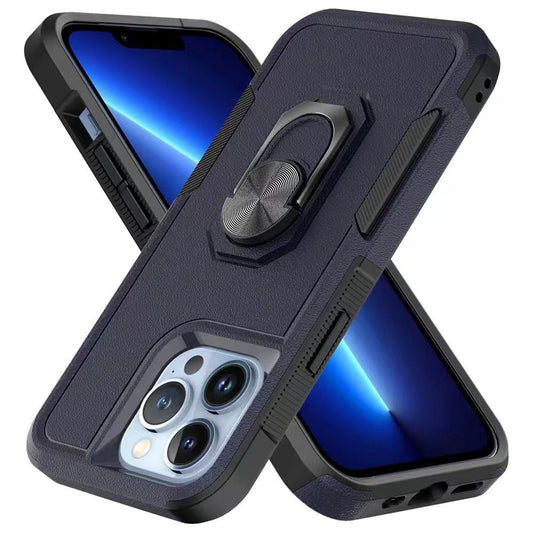 For Apple iPhone 14 Pro (6.1") Hybrid Rugged Hard Drop-Proof 3 Layer Protection Military Grade Armor Metal Ring Stand Blue Phone Case Cover