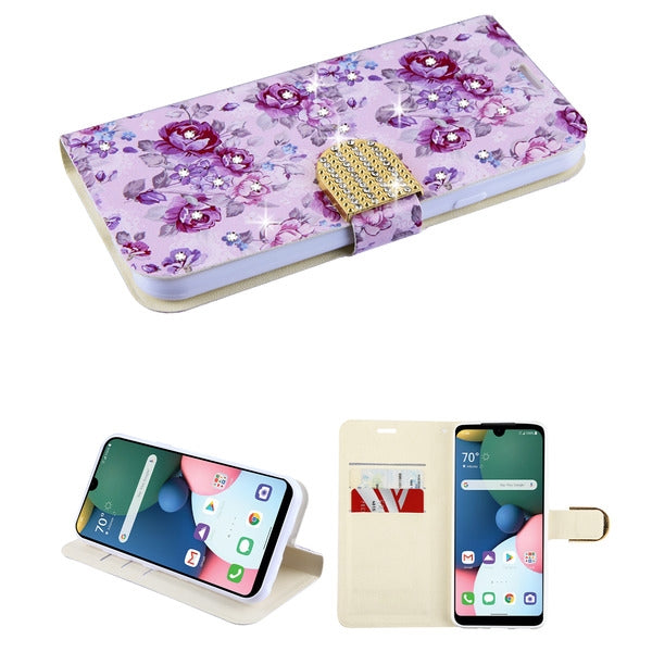 For LG K31 /Aristo 5/Fortune 3/Tribute Monarch / Phoenix 5 Design PU Leather Wallet Bling with Credit Card Slot Flip Pouch Purple Flowers Phone Case Cover