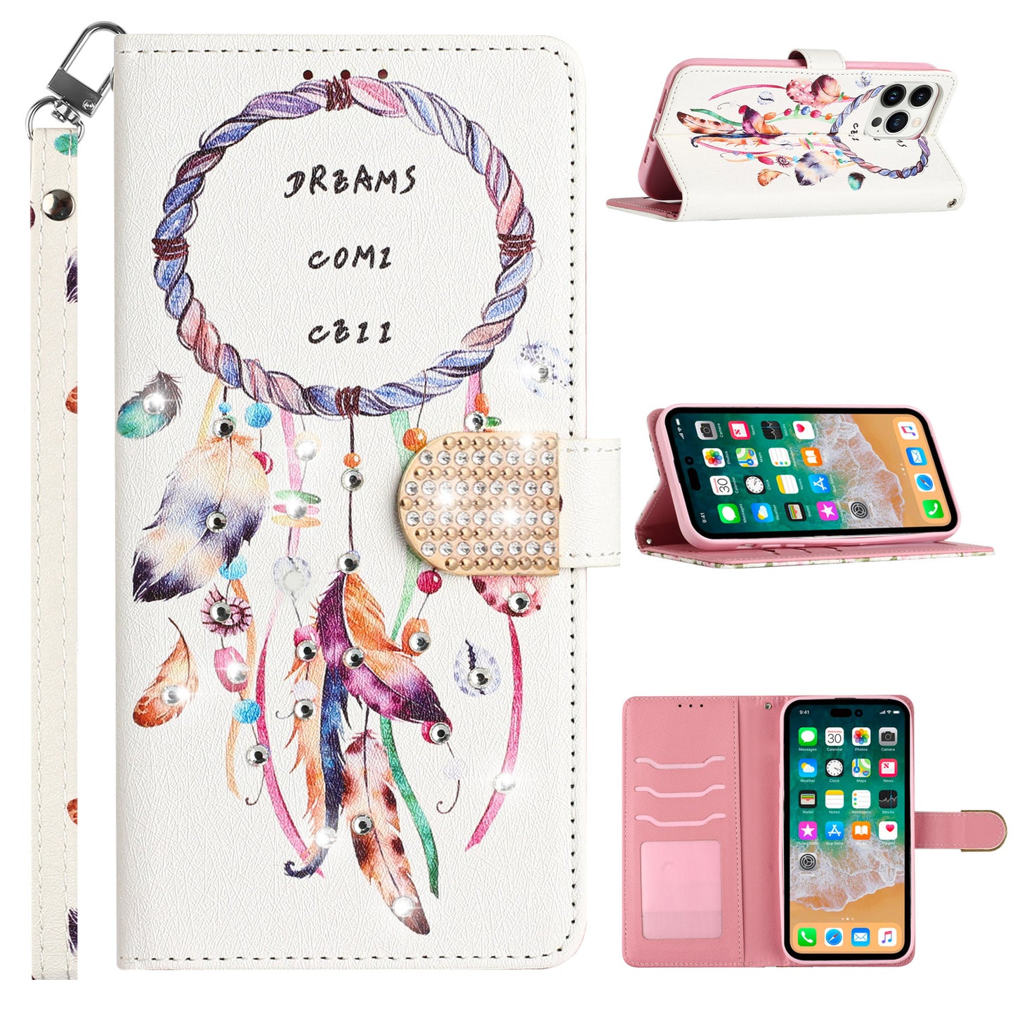 For Apple iPhone 13 Pro Max (6.7") Fashion Diamond Bling Design Wallet Pouch Card Slot Leather With Lanyard  Phone Case Cover