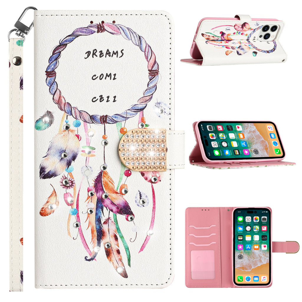 For T-Mobile Revvl 6 Pro 5G /Revvl 6 5G Fashion Diamond Bling Design Wallet Pouch Card Slots PU Leather With Lanyard  Phone Case Cover