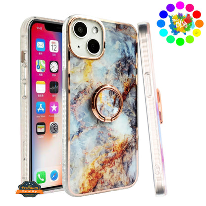 For Apple iPhone 14 (6.1") Pattern Fashion Design Chromed Edge IMD with Ring Kickstand Hybrid TPU Hard Back  Phone Case Cover