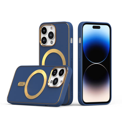 For Apple iPhone 14 Pro Max (6.7") Ultimate PU Leather Hybrid with MagSafe Compatible Bumper Gold Frame Protection  Phone Case Cover