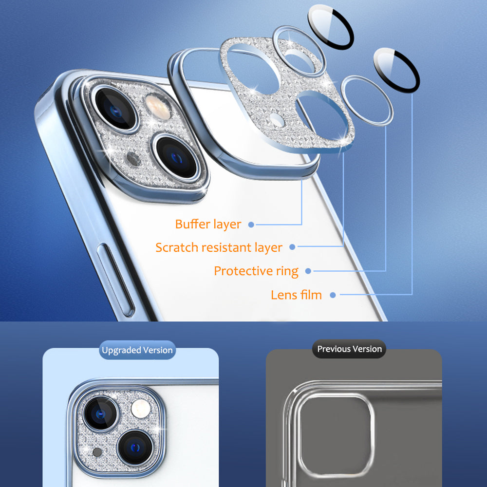 For Apple iPhone 14 /Plus Pro Max Clear Transparent with Color Frame & Diamond Bling Full Camera Lens Raised  Phone Case Cover