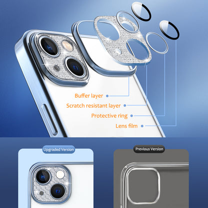 For Apple iPhone 14 /Plus Pro Max Clear Transparent with Color Frame & Diamond Bling Full Camera Lens Raised  Phone Case Cover