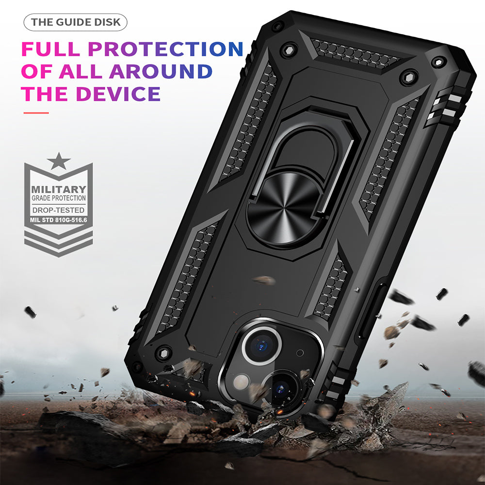 For Apple iPhone 13 /Mini Pro Max Military Grade Heavy Duty Armor Protection Hybrid with Rotating Metal Ring Kickstand Finger Loop Stand  Phone Case Cover