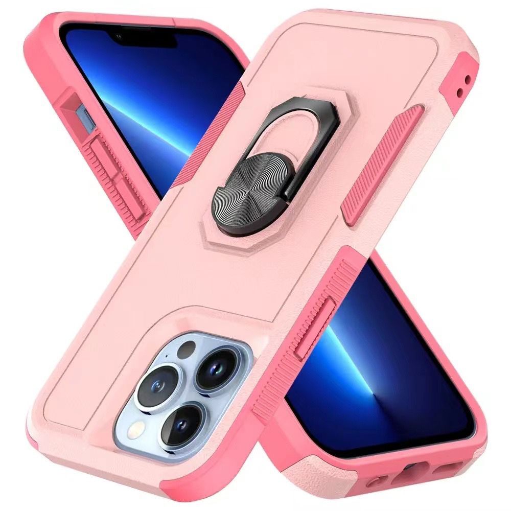 For Apple iPhone 14 (6.1") Hybrid Rugged Hard Drop-Proof 3 Layer Protection Military Grade Armor with Metal Ring Stand  Phone Case Cover