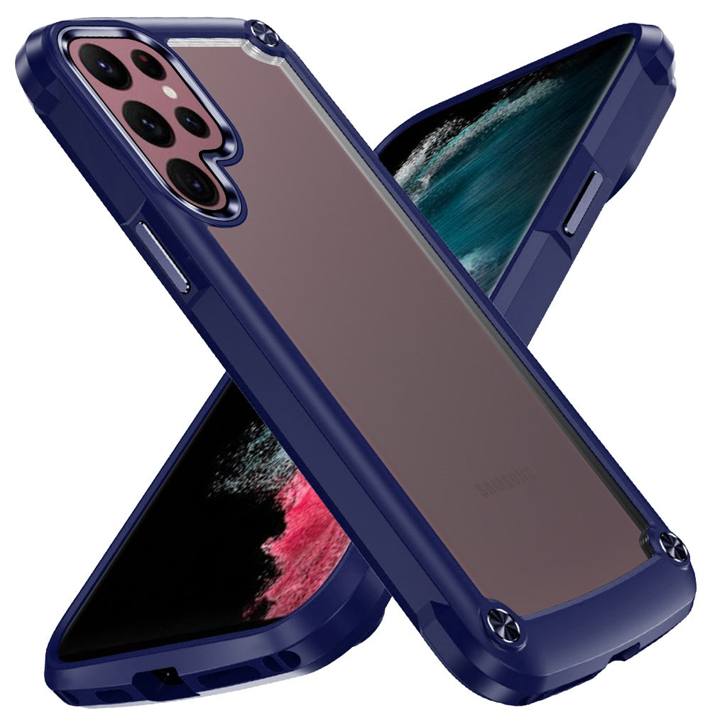 For Samsung Galaxy S22 Ultra Hybrid Transparent Rubber Gummy with Metal Buttons Hard PC TPU Corner Bumper Frame  Phone Case Cover