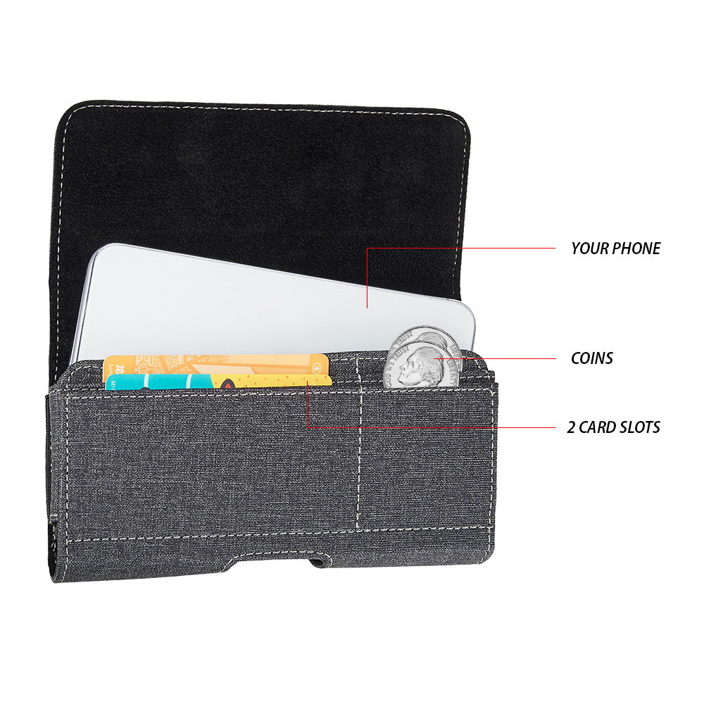 For Nokia C200 Universal Horizontal Cell Phone Fabric Pouch Holster Carry Case with Credit Card Slots & Belt Clip Loop (Size 6.3") [Black]