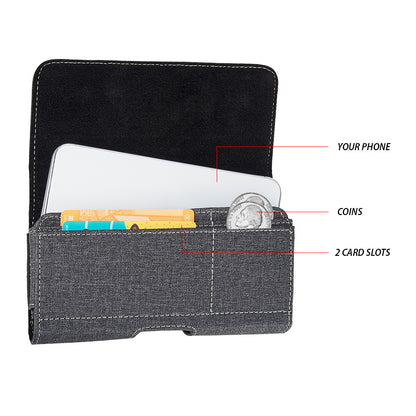 For Nokia C200 Universal Horizontal Cell Phone Fabric Pouch Holster Carry Case with Credit Card Slots & Belt Clip Loop (Size 6.3") [Black]