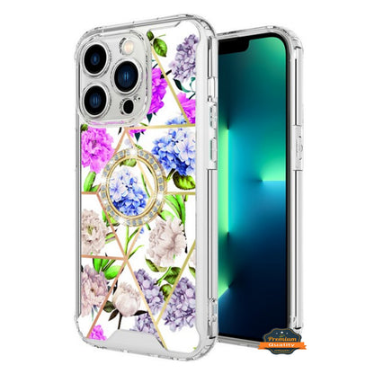 For Apple iPhone 14 /Plus Pro Max Fashion Design Pattern Hybrid Ring Kickstand Bling Diamond Hard PC TPU Protective  Phone Case Cover