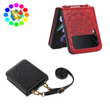 For Samsung Galaxy Z Flip 4 5G Embossed Floral Henna Mandala Design PU Leather with Strap Lanyard Hybrid Protective  Phone Case Cover
