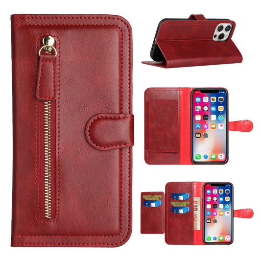 For Samsung Galaxy S22 Plus Multi Credit Card Holder Zipper Storage PU Leather Wallet Pockets Double Flap Pouch Flip Red Phone Case Cover