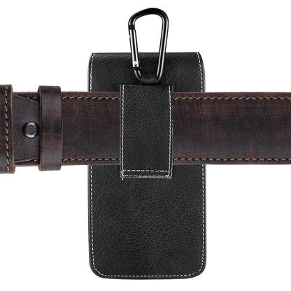 For Samsung Galaxy A23 5G Universal Vertical Leather Case Holster with Credit Card Holder, Belt Loop & Carabiner Carrying Phone Pouch [Black]
