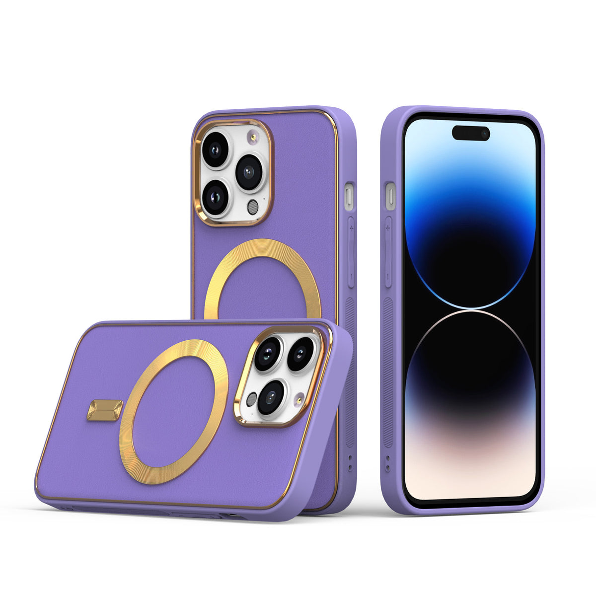 For Apple iPhone 14 Pro Max (6.7") Ultimate PU Leather Hybrid with MagSafe Compatible Bumper Gold Frame Protection  Phone Case Cover
