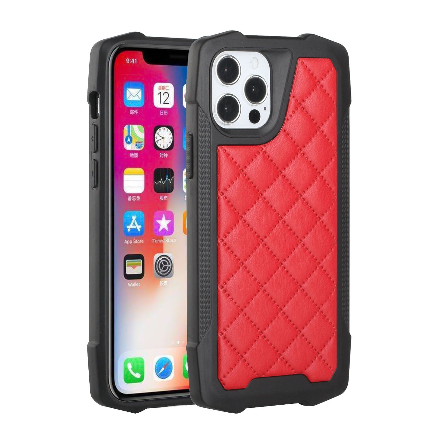 For Apple iPhone 13 (6.1") PU Leather Design Lines Hybrid PC Hard Shockproof Armor Shell Bumper Soft Rubber Protection  Phone Case Cover