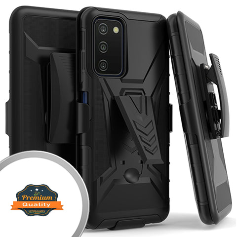 For Samsung Galaxy A03S Hybrid Belt Clip Holster with Built-in Kickstand, Heavy Duty Protective Shock Absorption Armor Defender Black Phone Case Cover