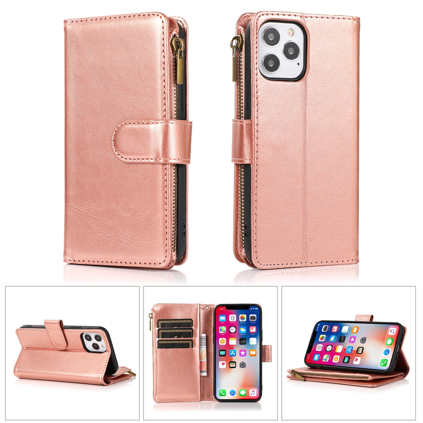 For Google Pixel 7/ 7 Pro Leather Zipper Wallet Case 9 Credit Card Slots Cash Money Pocket Clutch Pouch with Stand & Strap  Phone Case Cover