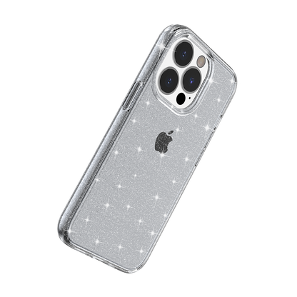 For Apple iPhone 14 Pro (6.1") Transparent Glitter Shiny Sparkle Bling TPU Rubber Hard Back Hybrid Frame Shockproof Gray Smoke Phone Case Cover
